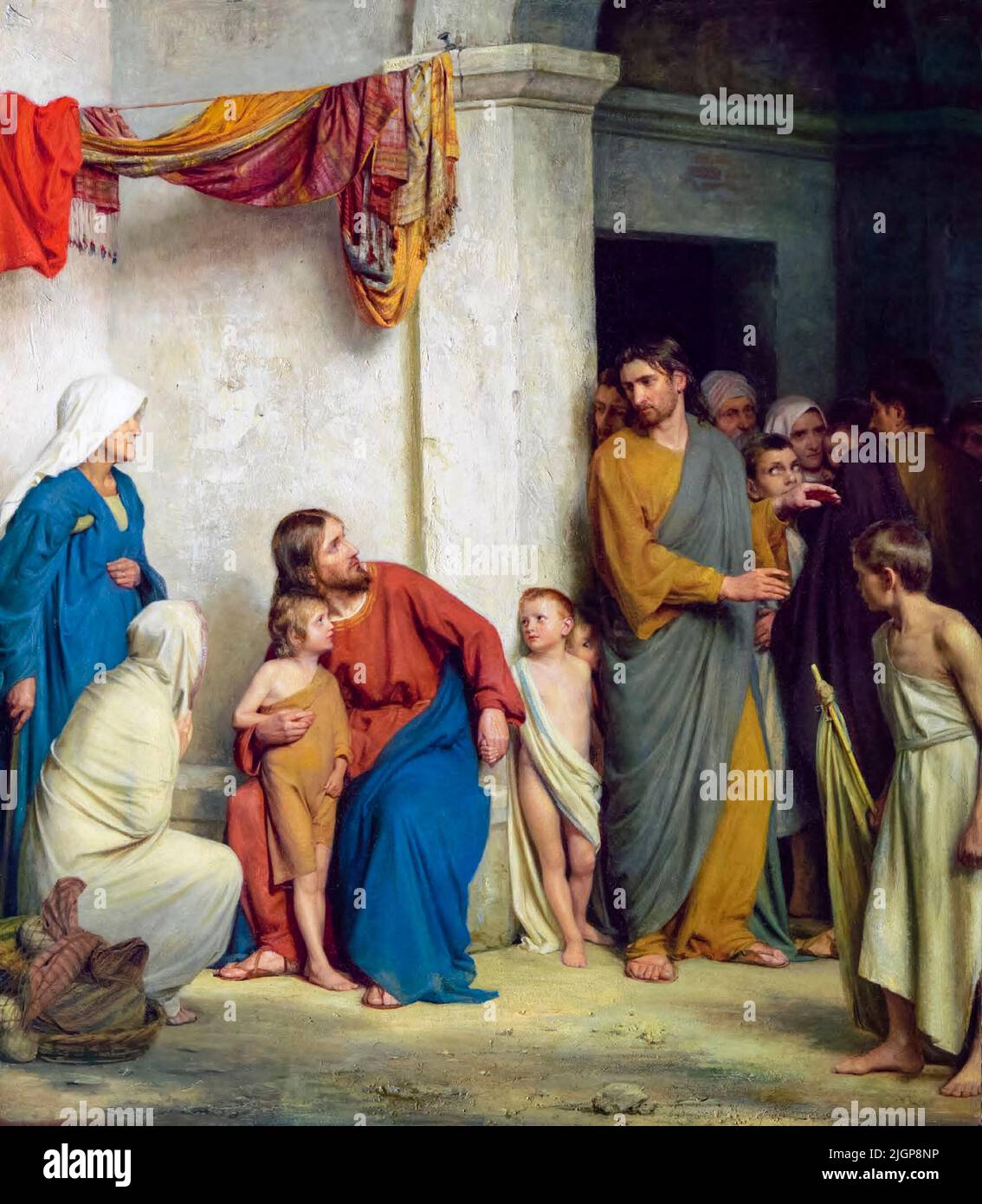 Christ and the Children, Let the little Children Come unto Me, Suffer the Children, painting in oil on copper by Carl Bloch, before 1890 Stock Photo