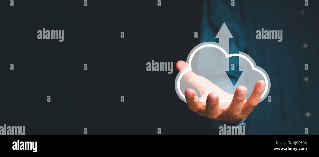 Man hand holding cloud computing concept, Cloud computing concept, Backup Storage Data Internet, networking and digital, Share global, technology conc Stock Photo