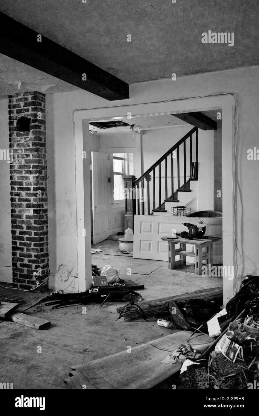 Super Storm Sandy damage inside Beach House on Long Beach Island on the Jersey Shore.  These small house were the stable of summer rentals, all but go Stock Photo