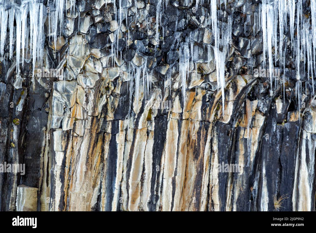 Icicles formed from the spray from Svartifoss, Iceland. A thin, 20m waterfall down the center of a dramatic 3D wall of hexagonal basalt columns. Stock Photo