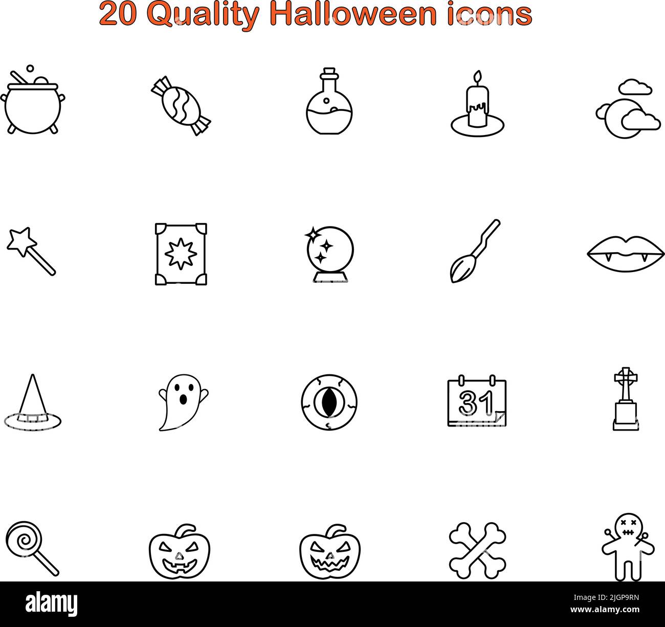 Halloween icons set. 20 Quality icons outline style Stock Vector