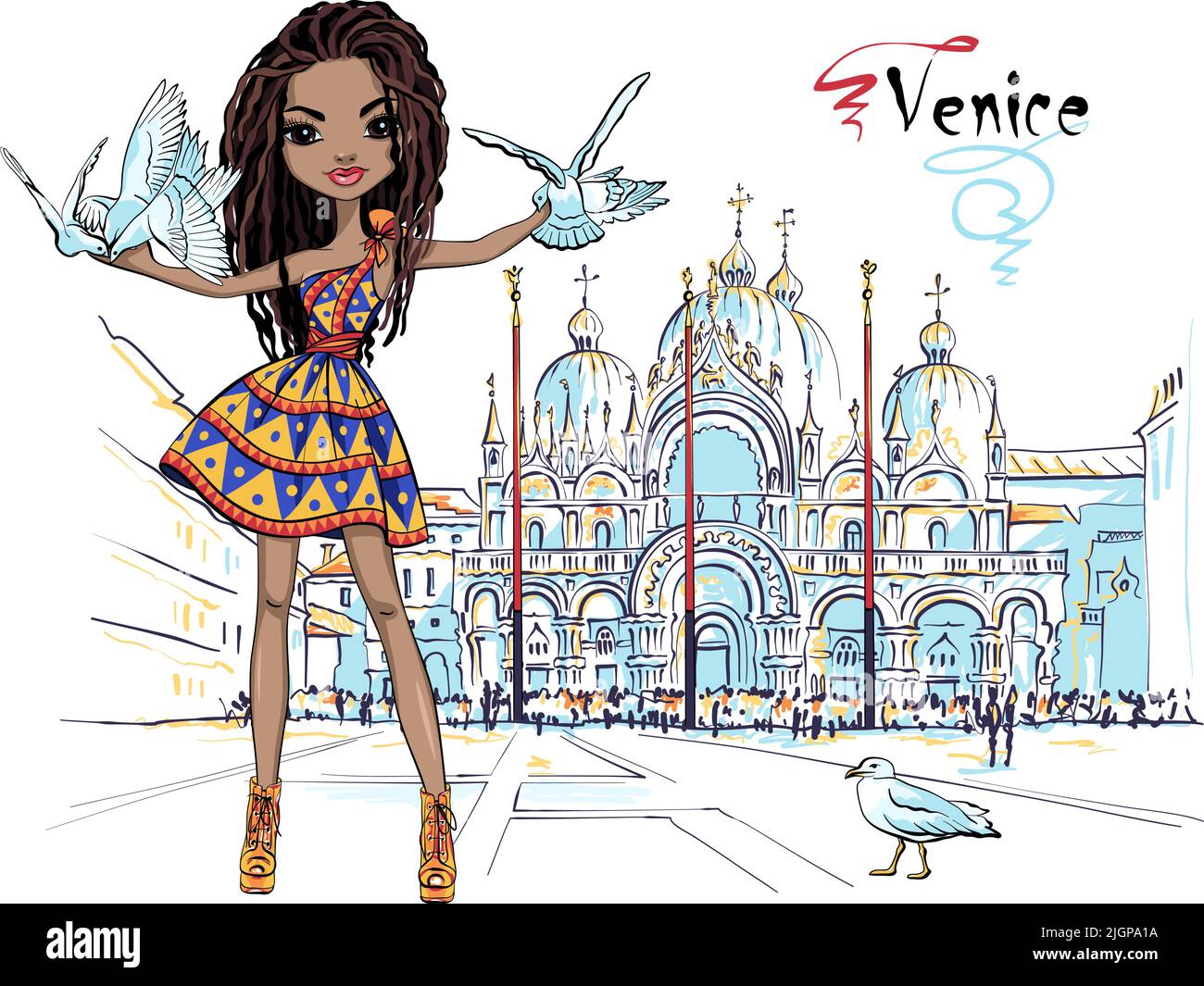 Cute beautiful fashion african girl with pigeons and seagull on St Mark Square, Venice, Italia. Western facade of St Mark Basilica in the background Stock Vector