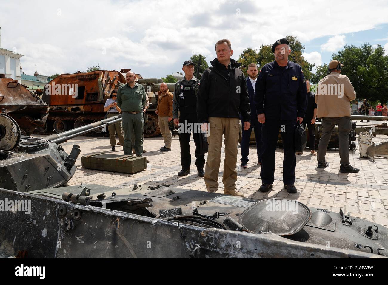 Polish Defence Minister Mariusz Blaszczak visits an exhibition of destroyed Russian military vehicles and weapons, as Russia's attack on Ukraine continues, at Mykhailivska Square in Kyiv, Ukraine July 12, 2022.  REUTERS/Valentyn Ogirenko Stock Photo