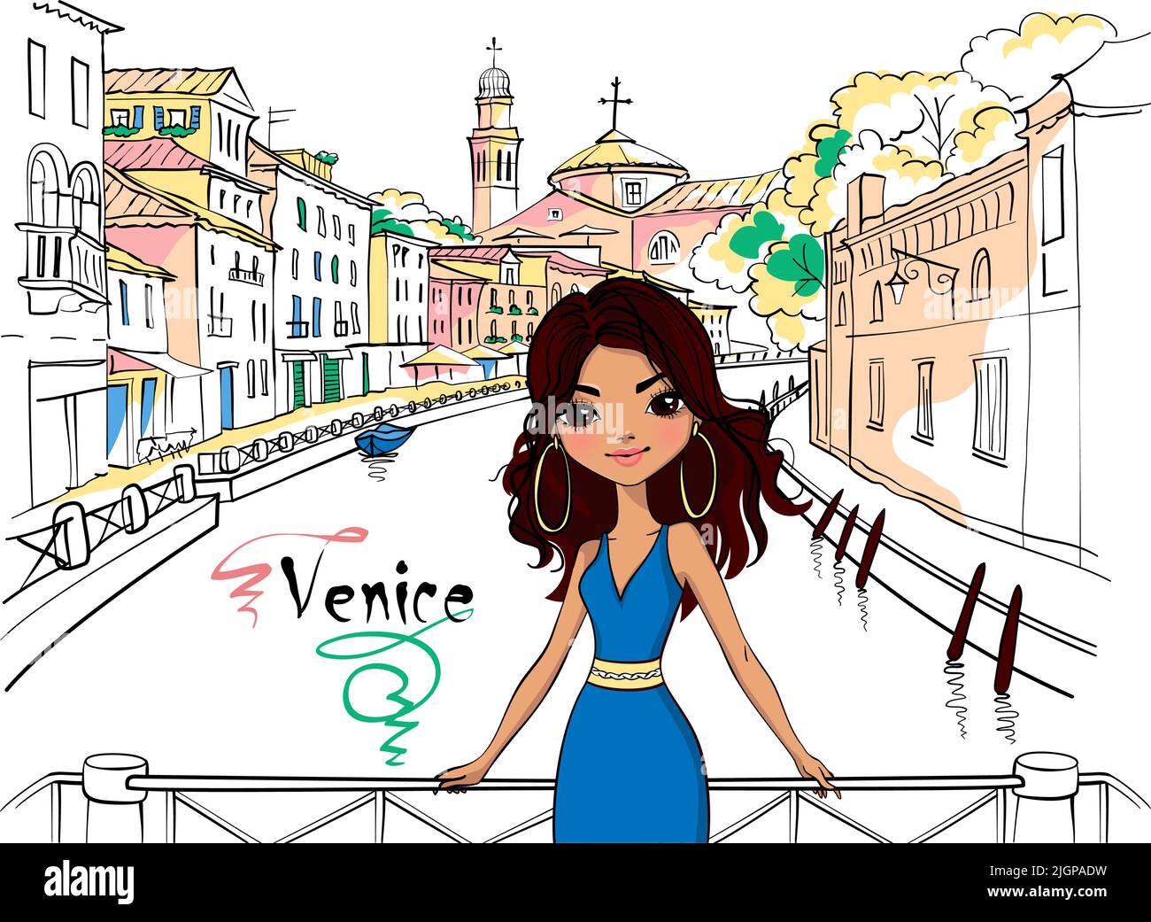 Cute beautiful fashion hispanic girl in Venice, Italia. Stock Vector