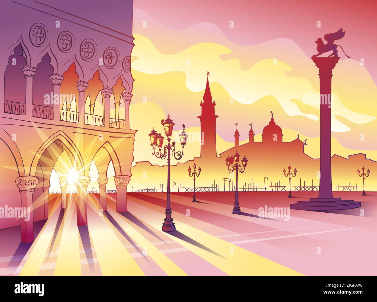 Doge Palace and Column of San Marco on Piazzeta San Marco at sunrise in Venice, Italy. San Giorgio di Maggiore on background. Stock Vector