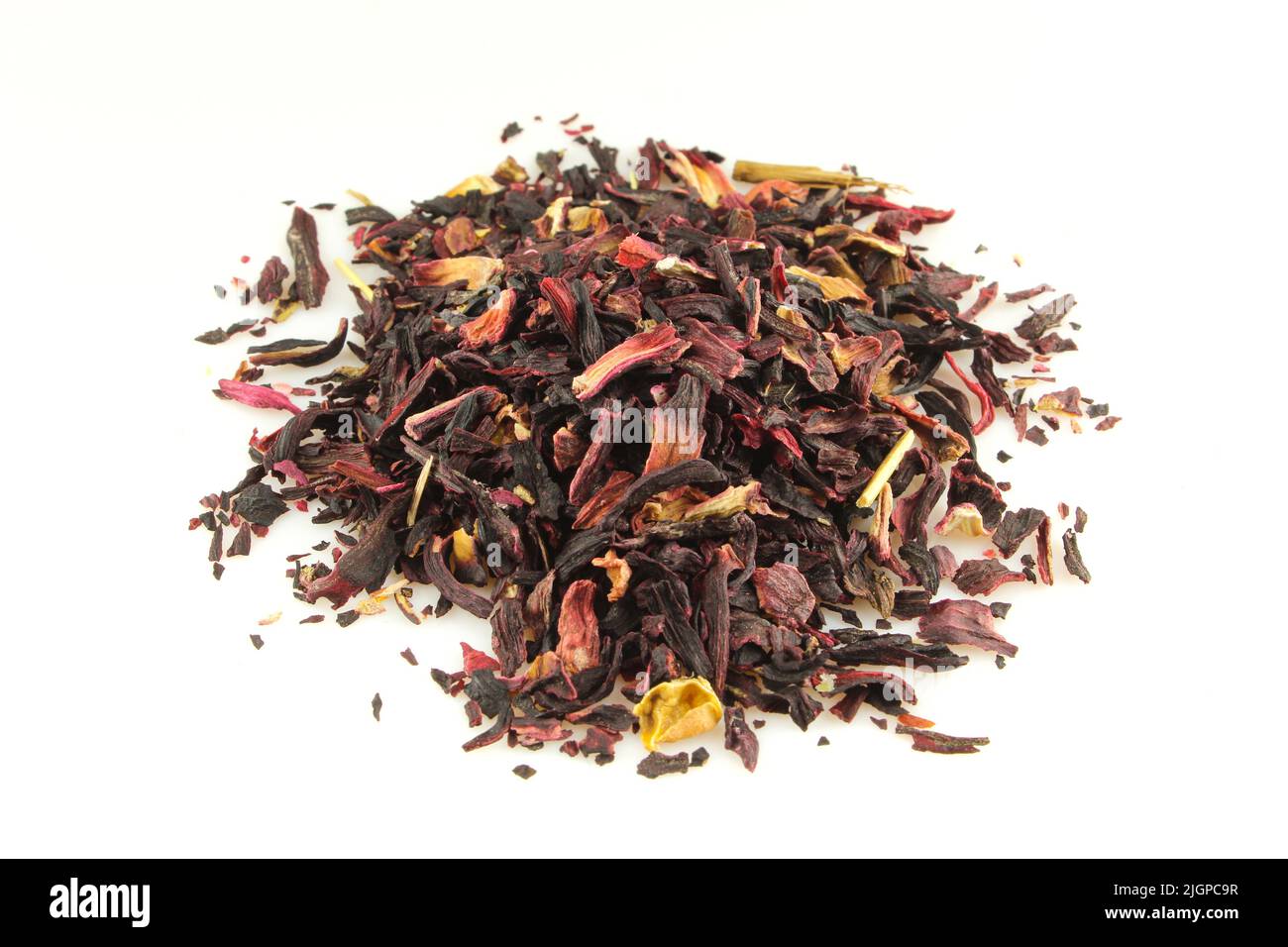Pile of dry hibiscus ,tea ingredient, isolated on white background. Stock Photo