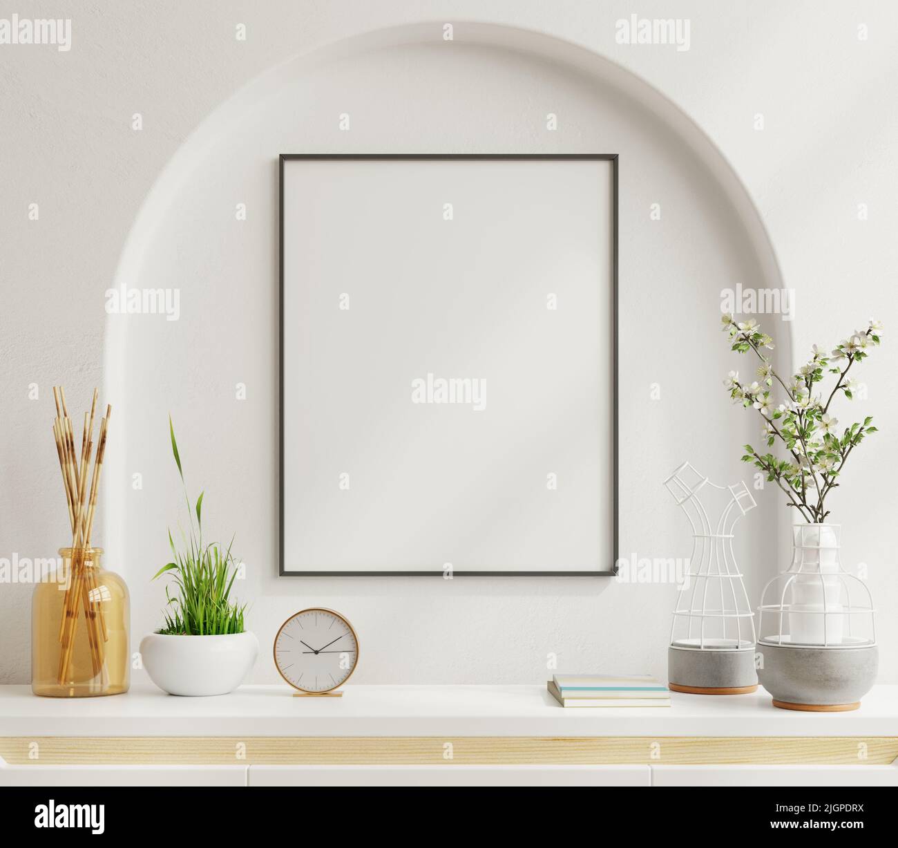 Interior poster mockup with vertical black frame in home interior ...