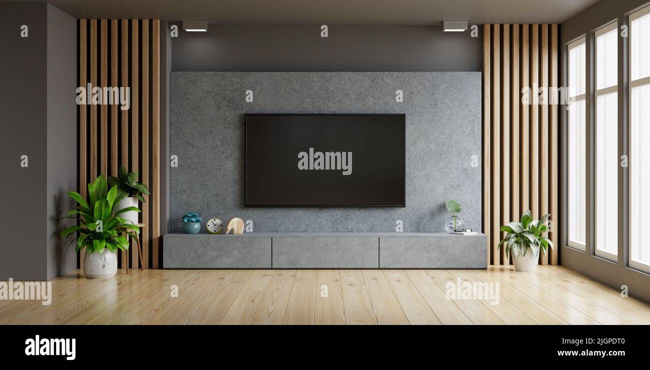 Concrete wall mounted tv in modern living room.3d rendering Stock Photo