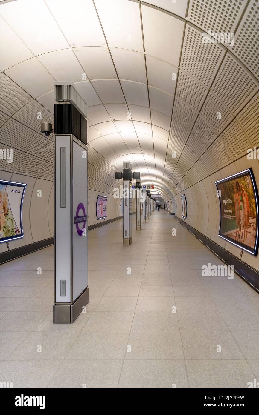 Below ground at Liverpool Street tube station on the new Elizabeth Line underground in London. With exits to Moorgate and Liverpool street. Stock Photo
