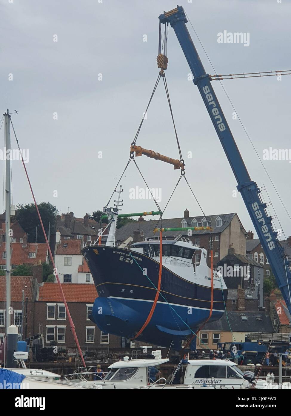 Launching of British-built trawler Winter of Ladram in Whitby, North Yorkshire Stock Photo