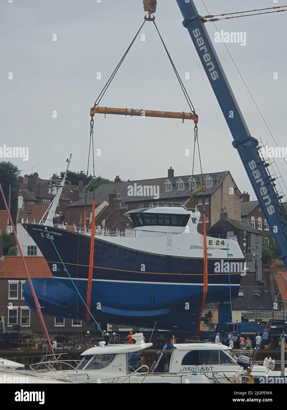 Launching of British-built trawler Winter of Ladram in Whitby, North Yorkshire Stock Photo