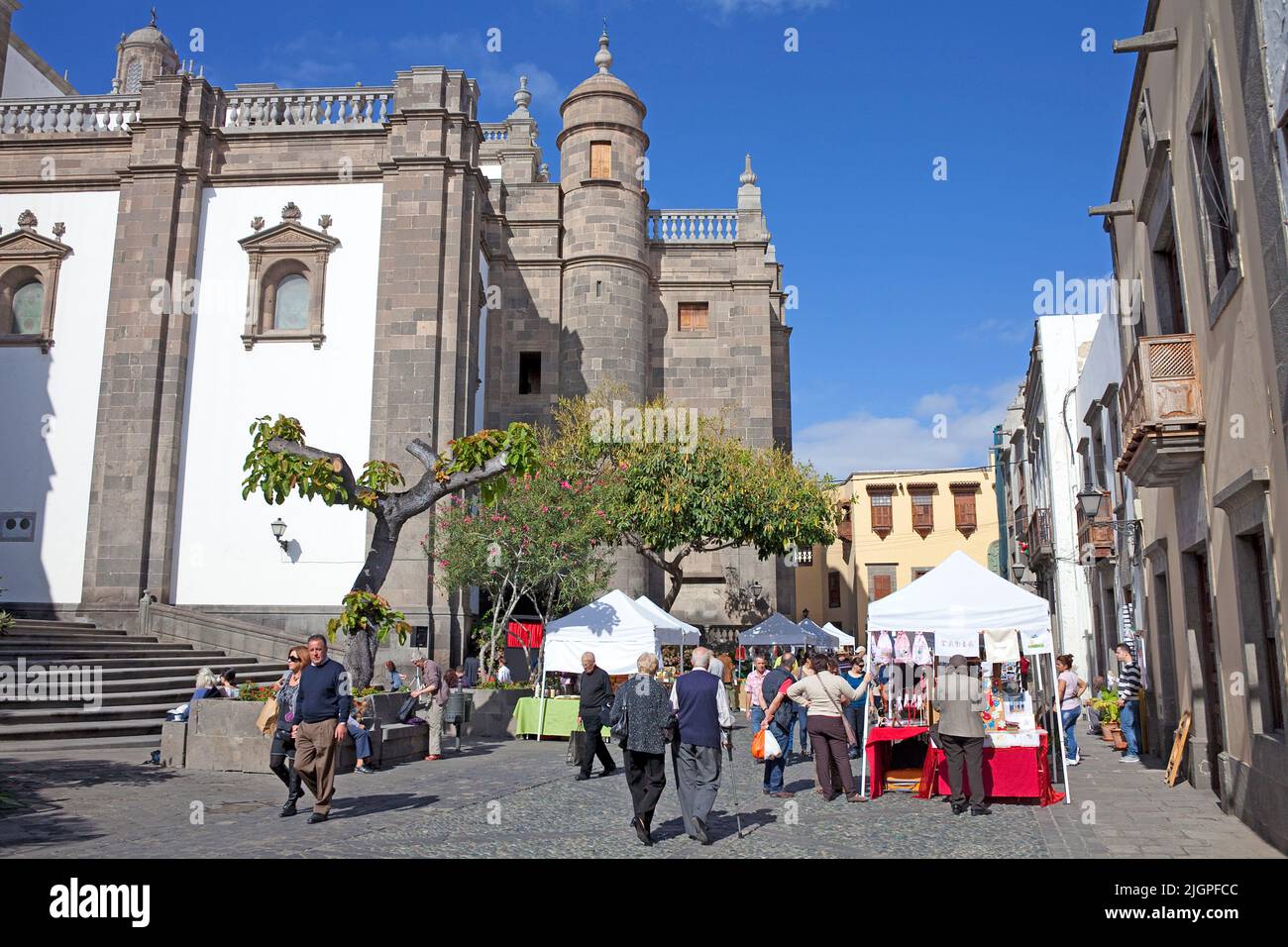 Market behind the Cathedral Santa Ana, Plaza del Pilar Nuevo, old town, Vegueta, Las Palmas, Grand Canary, Canary islands, Spain, Europe Stock Photo