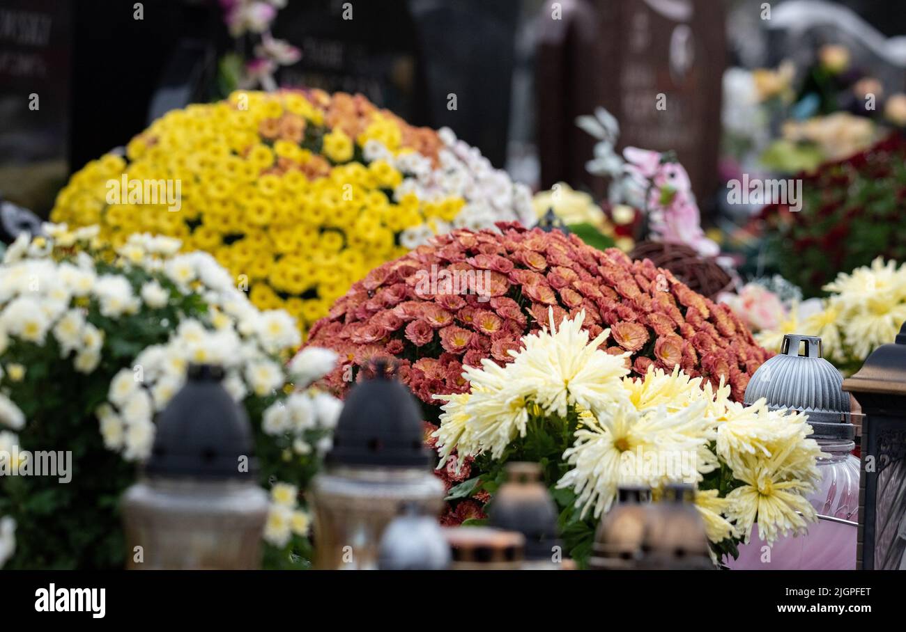 All Saints' Day and burning candles next to flowers on the graves