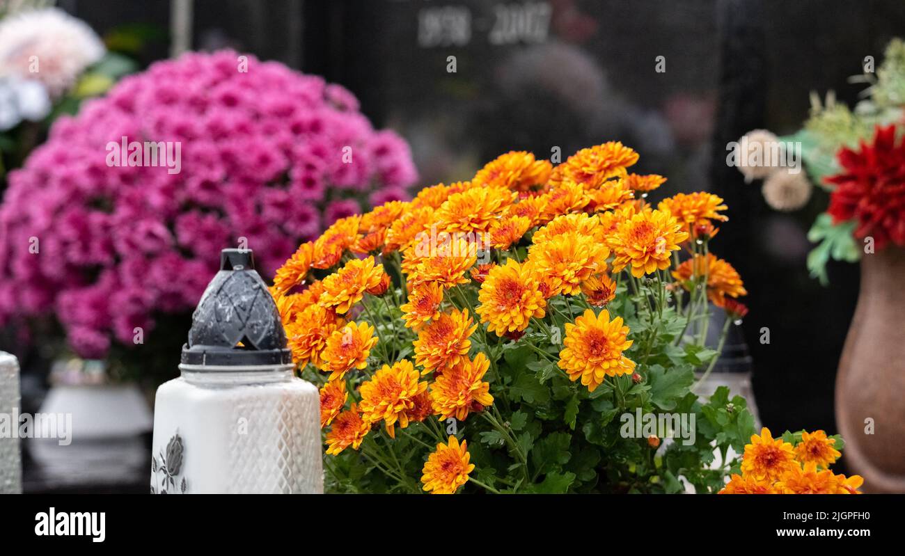 All Saints' Day and burning candles next to flowers on the graves