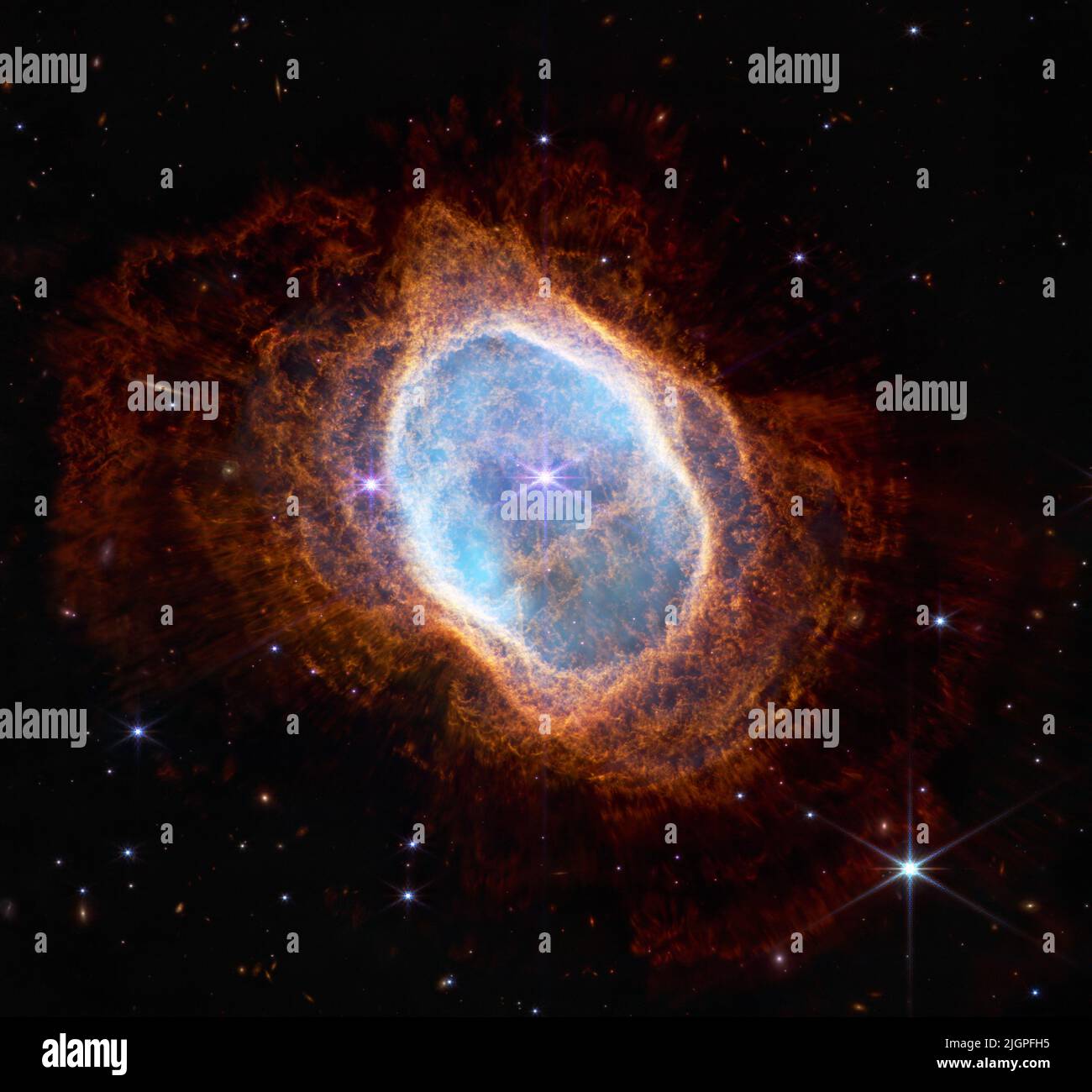 Data from Webb's Near-Infrared Camera (NIRCam) were used to make this extremely detailed image. It is teeming with scientific information - and research will begin following its release on July 12, 2022. The bright star at the center of NGC 3132, while prominent when viewed by NASA's Webb Telescope in near-infrared light, plays a supporting role in sculpting the surrounding nebula. A second star, barely visible at the lower left along one of the bright star's diffraction spikes, is the nebula's source. It has ejected at least eight layers of gas and dust over thousands of years. NASA/UPI Stock Photo