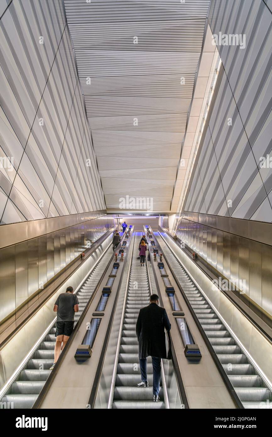 Escalators at the Moorgate exit of Liverpool Street tube station on the new Elizabeth Line underground in London. Stock Photo