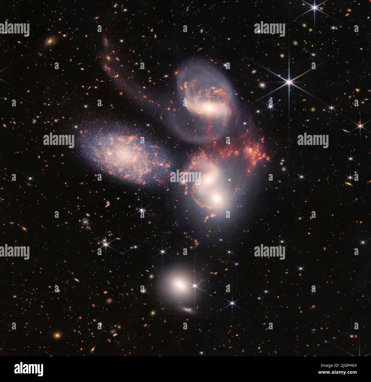 Nasa, 12/07/2022, Today, NASA's James Webb Space Telescope reveals Stephan's Quintet, a visual grouping of five galaxies, in a new light. This enormous mosaic is Webb's largest image to date, covering about one-fifth of the Moon's diameter. It contains over 150 million pixels and is constructed from almost 1,000 separate image files. The information from Webb provides new insights into how galactic interactions may have driven galaxy evolution in the early universe. Mandatory Credit: NASA, ESA, CSA, and STScI via CNP /MediaPunch Stock Photo