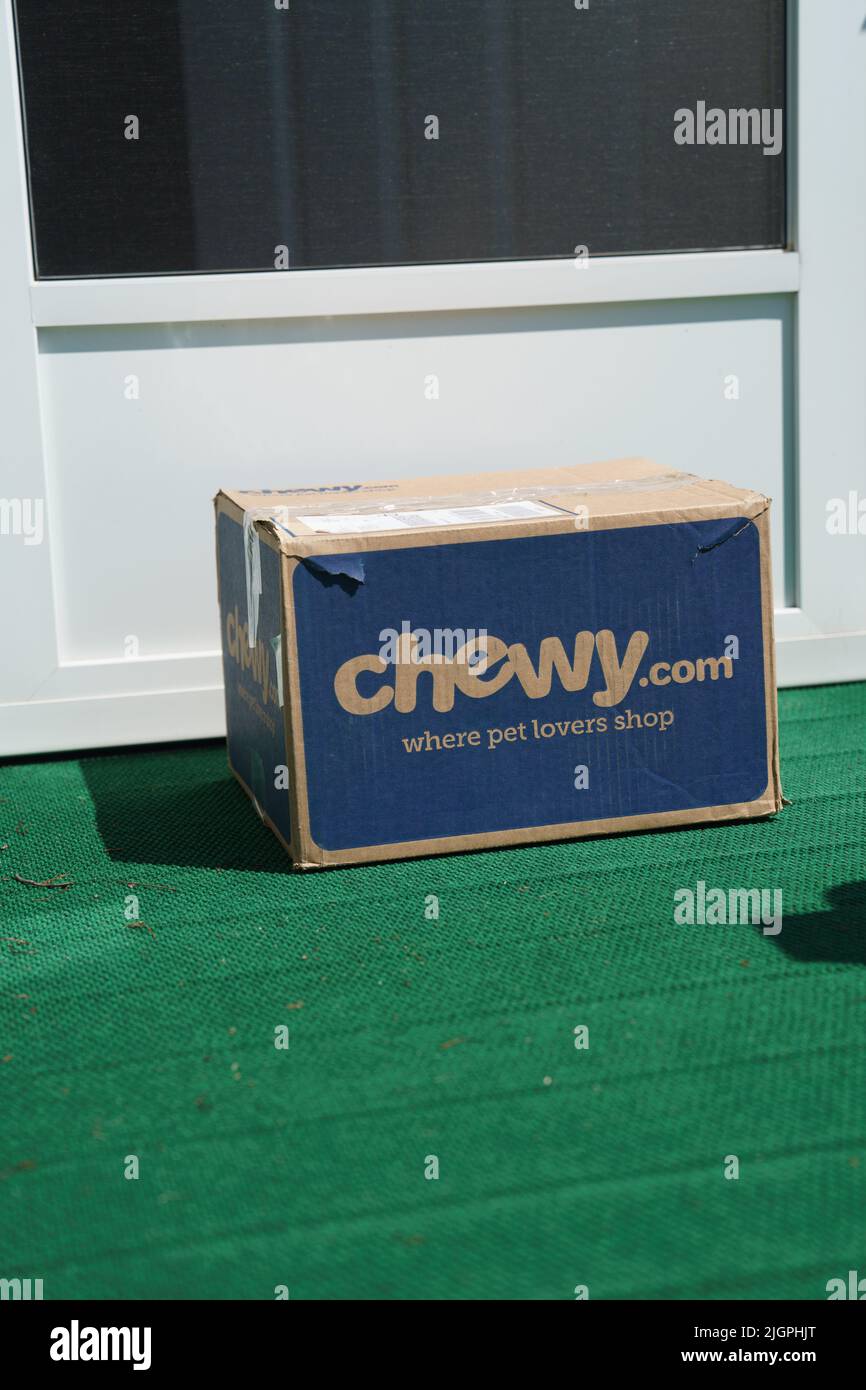 New Holland, PA, USA – July 3, 2022: A home delivery of a box of pet food from Chewy.  The online of pet pet-related products is based in Dania Beach, Stock Photo