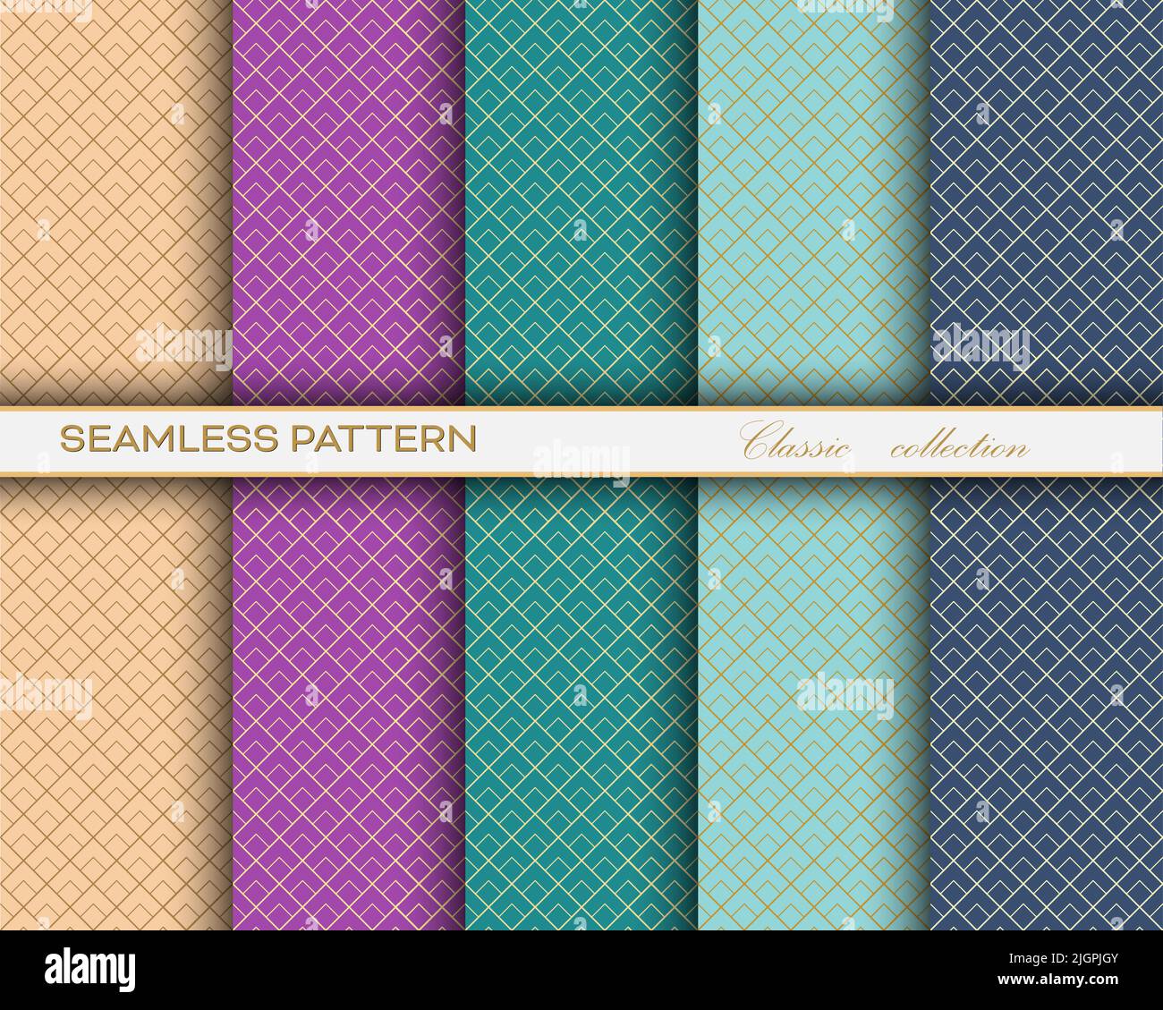 set of classic seamless decorative patterns with a golden openwork grid ...