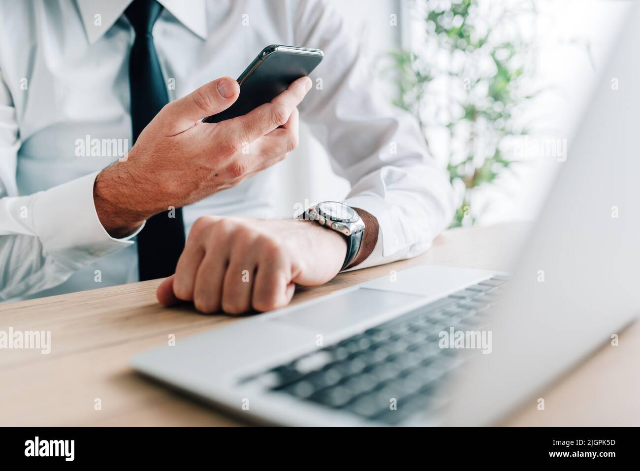 Adult professional businessman using smartphone for business communication in office, selective focus Stock Photo