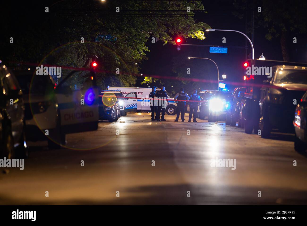 Chicago, USA. 17th June, 2022. Police officers on the scene where three