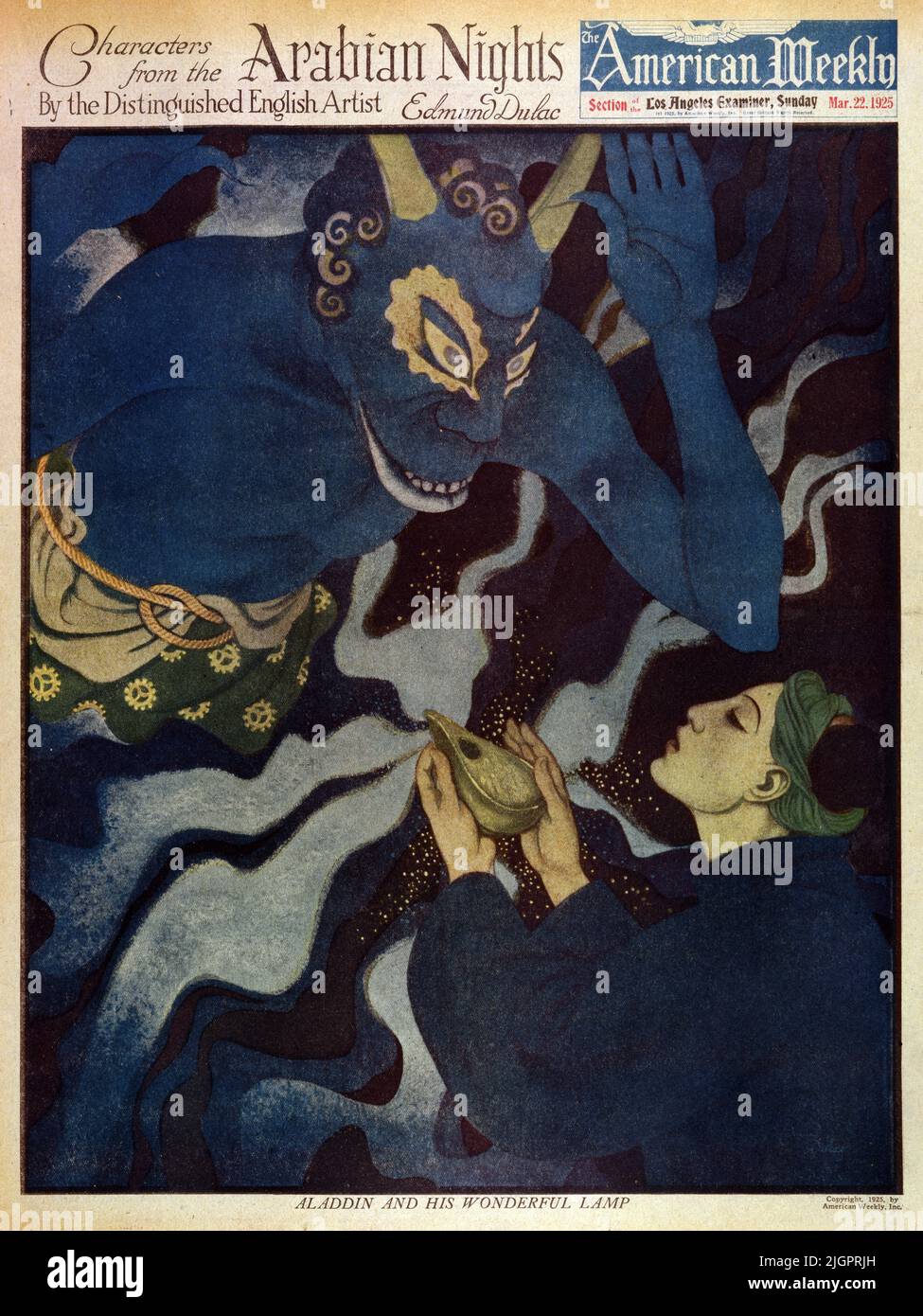 'Aladdin and his Wonderful Lamp' published on March 22, 1925 in the American Weekly Sunday Magazine painted by Edmund Dulac for 'Characters from the Arabian Nights' series. Stock Photo