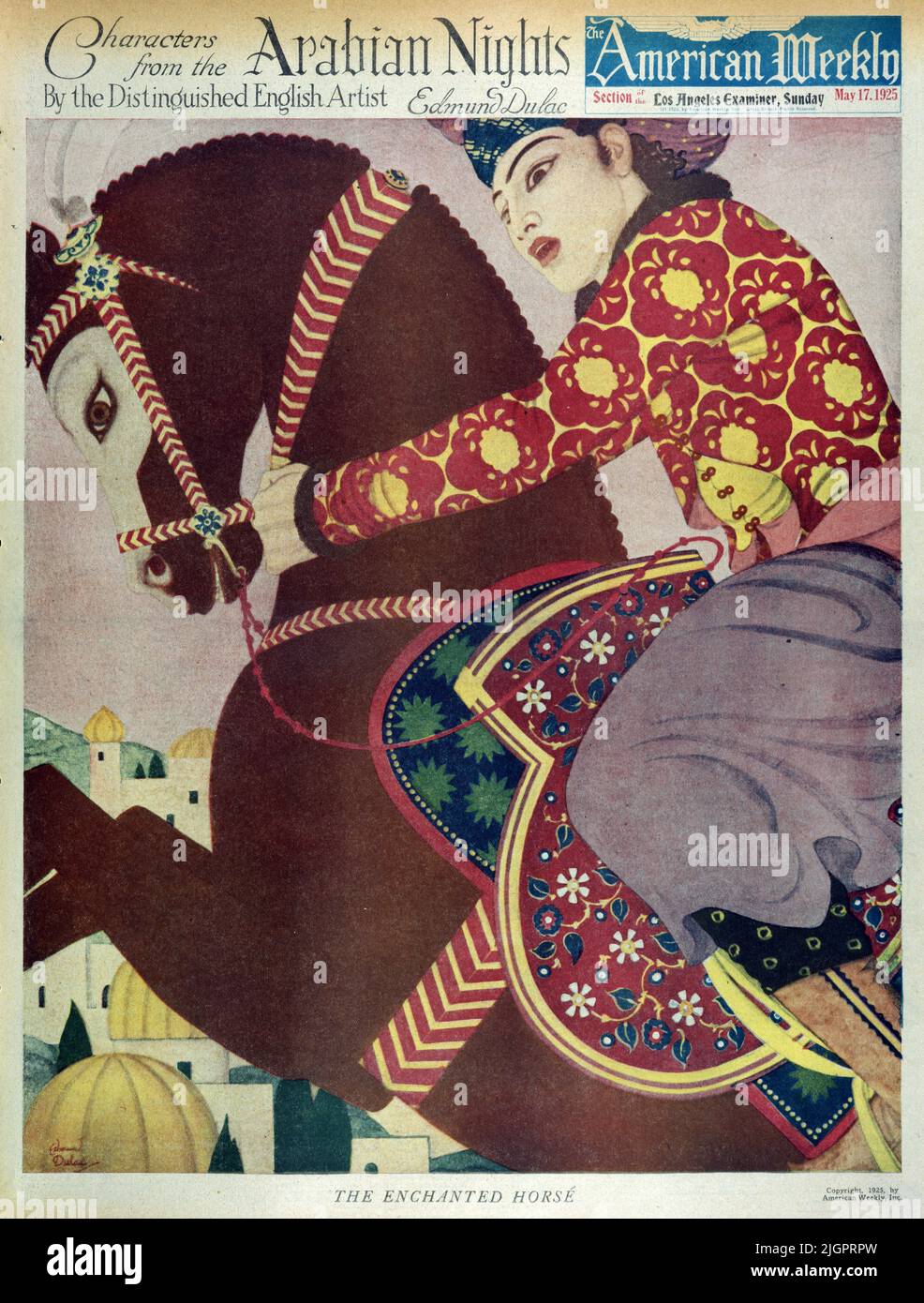 'The Enchanted Horse' published on May 17,1925 in the American Weekly Sunday magazine painted by Edmund Dulac as part of the 'Characters from the Arabian Nights' series. Stock Photo