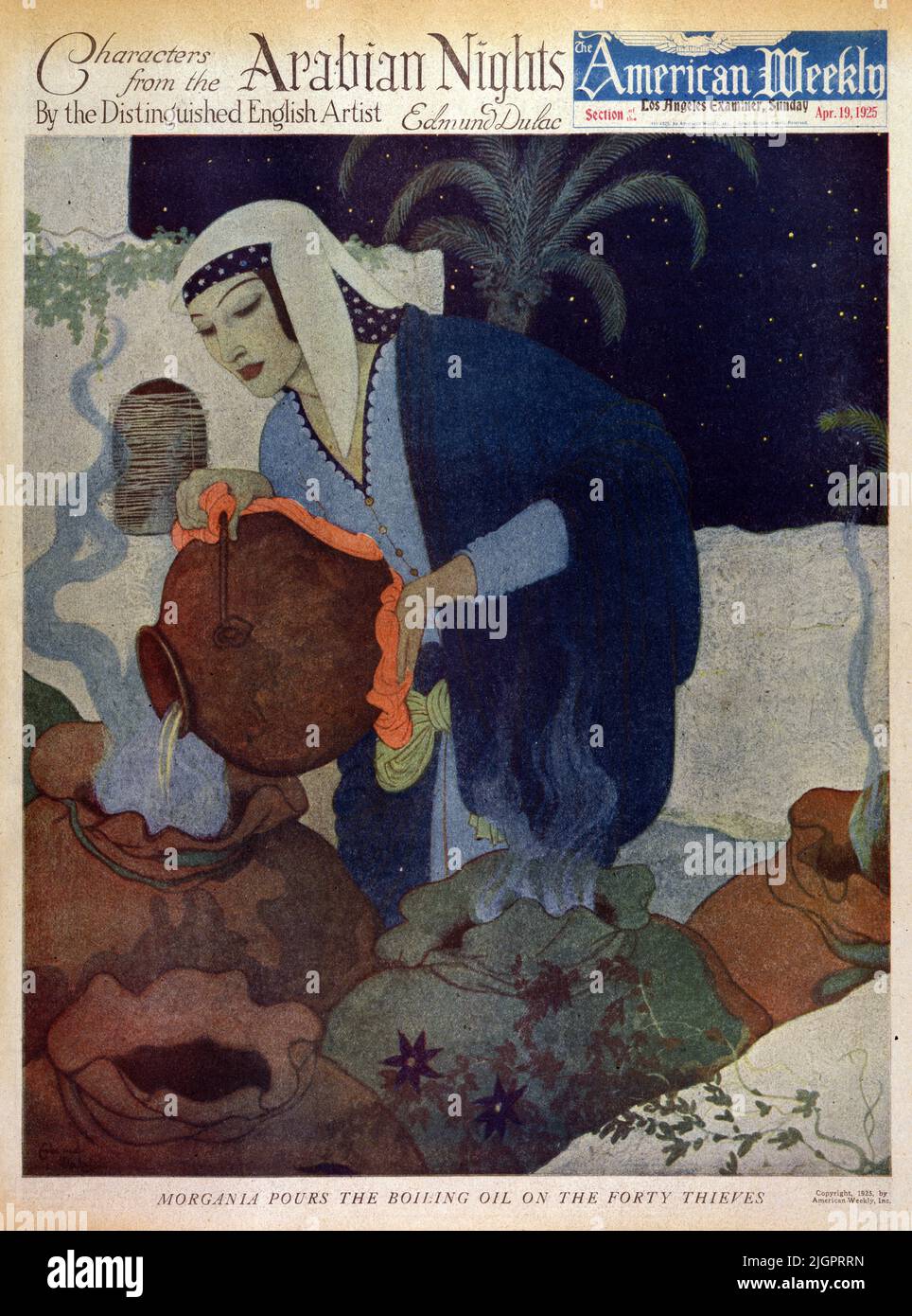 'Morgania Pours the Boiling Oil the Forty Thieves' published on April 19,1925 in the American Weekly Sunday magazine as part of the 'Characters from the Arabian Nights' series. Stock Photo