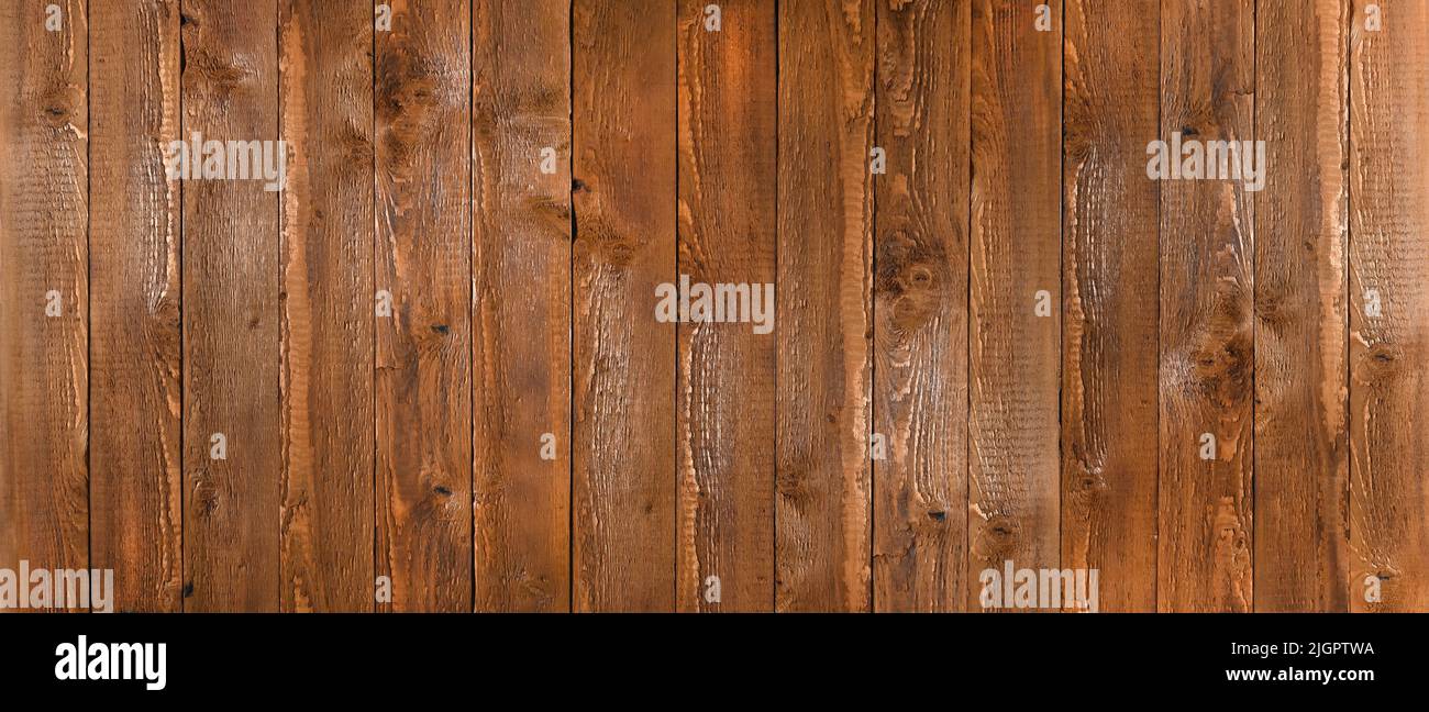 banner made of dark brown vertical wooden boards. view from above. Stock Photo