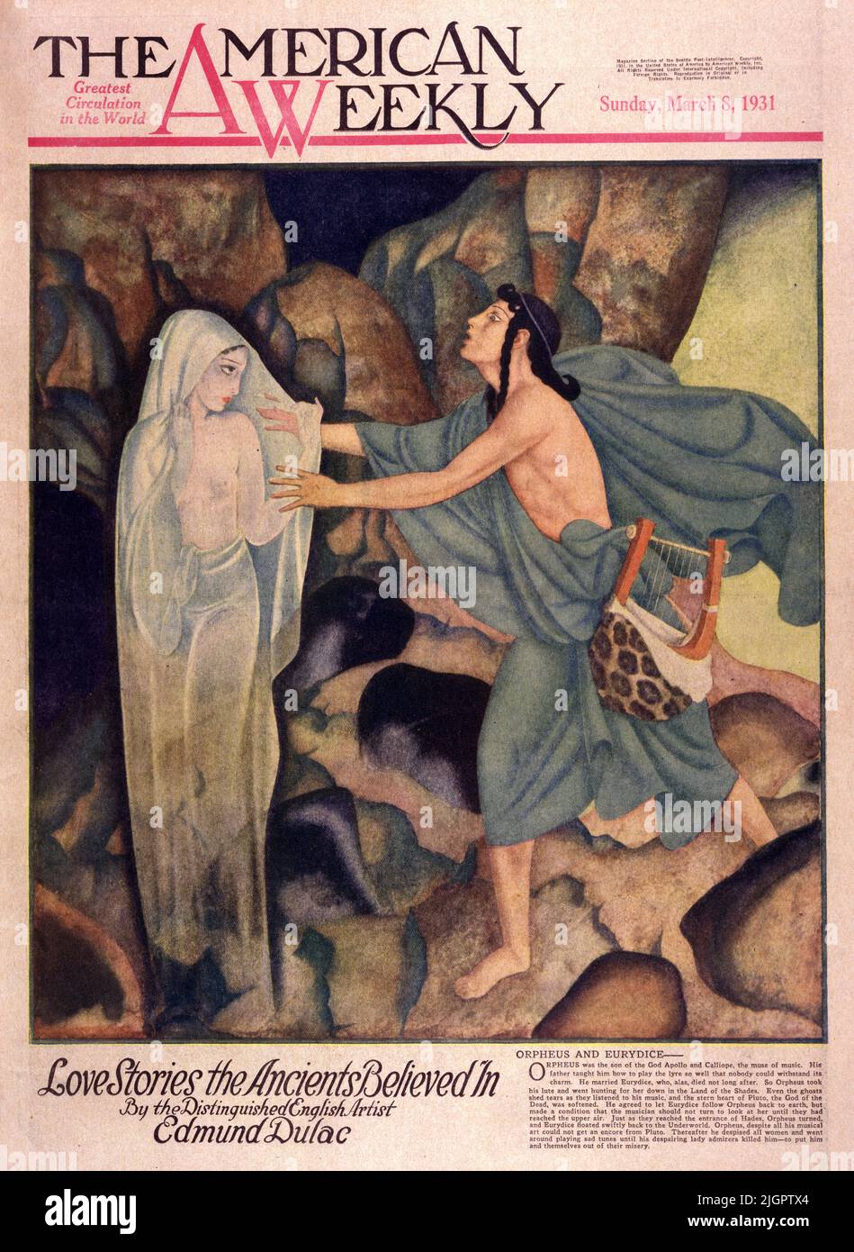 Orpheus and Eurydice published on March 8,1931 in the American Weekly magazine painted by Edmund Dulac. Orpheus was the son of the God Apollo and Calliope, the muse of music. His father taught him how to play the lyre so well that nobody could withstand its charm. He married Euridice, who, alas, died not long after. So Orpheus took his lute and went hunting for her down in the land of the Shades. Even the ghosts shed tears as they listened to his music, and the stern heart of Pluto, the God of the Dead, was softened. He agreed to let Euridice follow Orpheus back to earth, but made a condition. Stock Photo