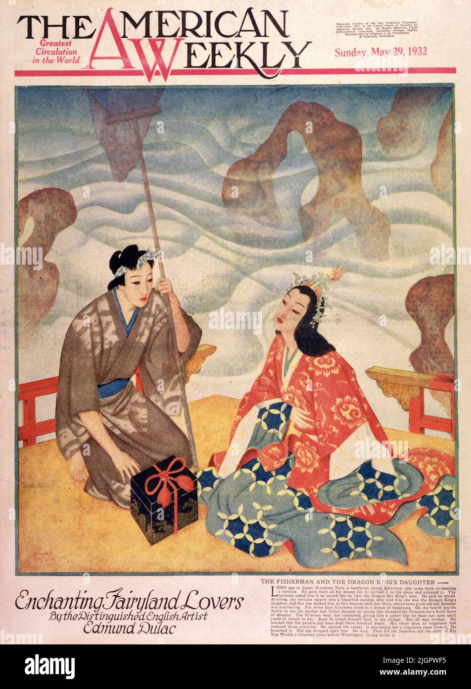 The Fisherman and the Dragon King’s Daughter published on May 29,1932 in the American Weekly magazine painted by Edmund Dulac. Long ago in Japan, Urashima Taro, a handsome young fisherman, saw some boys tormenting a tortoise. He gave them all his money for it, carried it to the shore and released it. The tortoise asked him if he would like to visit the Dragon Sea King’s land. He said he would. Arriving, the tortoise turned into a beautiful maiden, who told him she was the Dragon King’s daughter, and she wished him to live forever with her there, where none grow old and summer was everlasting. Stock Photo