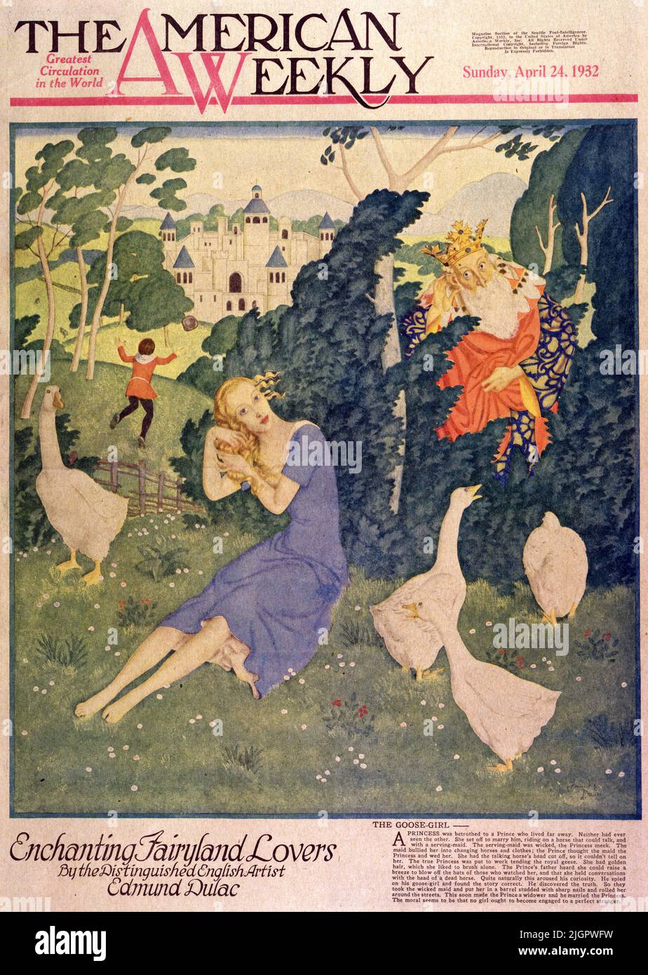'The Goose Girl' published April 24,1932 in the American Weekly Sunday magazine painted by Edmund Dulac.A Princess was bethroughed to a Prince who lived far away. Neither had ever seen each other. She set off to marry him, riding on a horse that could talk, and with a serving maid. The serving maid was wicked, the Princess meek. The maid bullied her into changing horses and clothes; the Prince thought the maid (was) the Princess and wed her. She had the talking horses’ head cut off, so he couldn’t tell on her. The true Princess was put to work tending the royal geese. She had golden hair... Stock Photo
