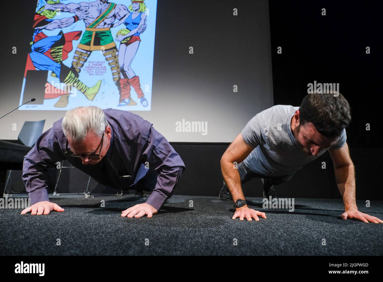 UK. Monday, Jul. 11, 2022. Mark Kermode and Brett Goldstein doing press ups on stage at Mark Kermode in 3D at the BFI Southbank. Picture by Julie Edwards/Alamy Live News Stock Photo