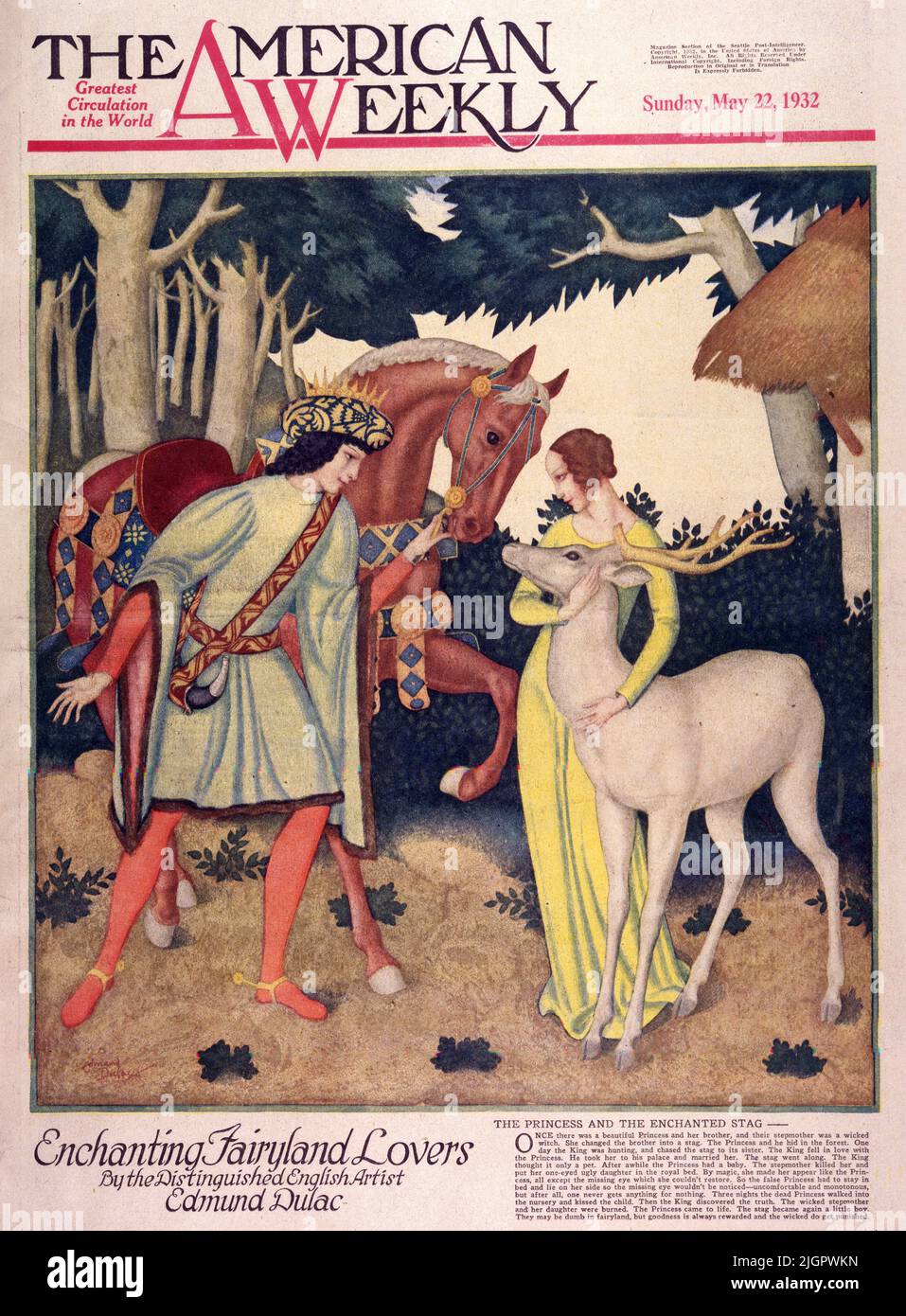 The Princess and the Enchanted Stag published on May 22,1932 in the American Weekly magazine painted by Edmund Dulac.Once there was a beautiful Princess and her brother, and their stepmother was a wicked witch. She changed the brother into a stag. The Princess and he hid in the forest. One day the King was hunting and chased the stag to its sister. The King fell in love with the Princess. He took her to his palace and married her. The stag went along. The King thought it only a pet. After a while the Princess had a baby. The stepmother killed her and put her one-eyed daughter in the royal bed. Stock Photo