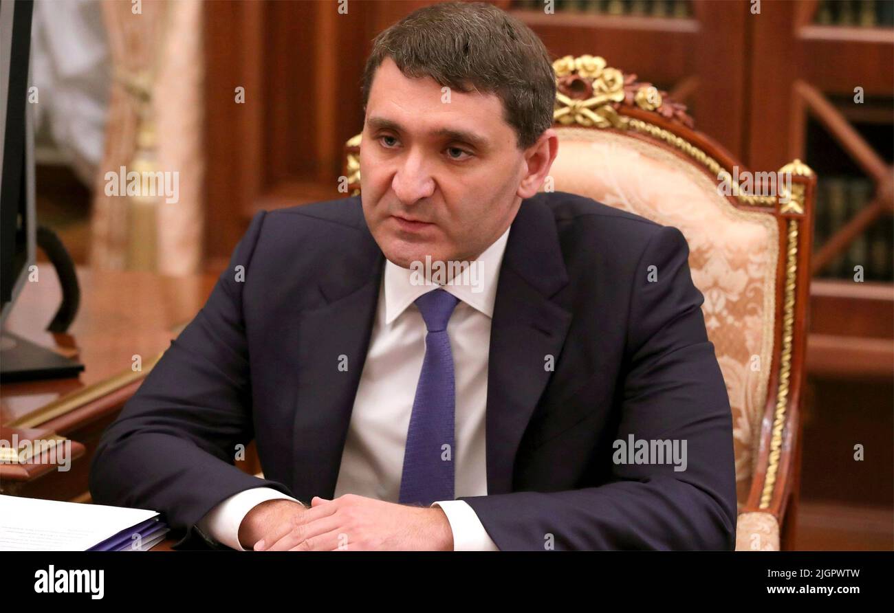 Moscow, Russia. 12th July, 2022. Andrei Ryumin, Chairman of the Management Board and Director General of the national power company Rosseti Group, during a meeting with Russian President Vladimir Putin at the Kremlin, July 12, 2022 in Moscow, Russia. Credit: Mikhail Klimentyev/Kremlin Pool/Alamy Live News Stock Photo