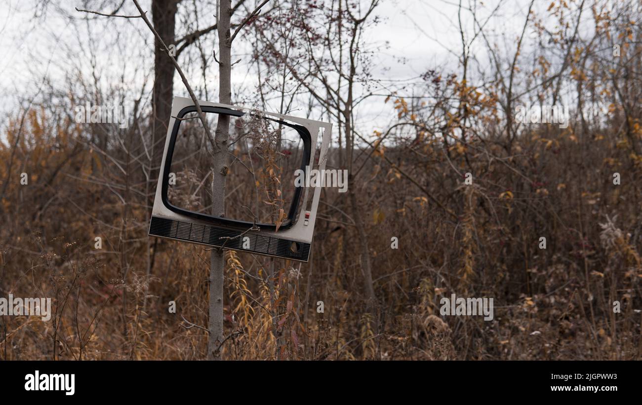 An old TV frame hangs on a tree in the autumn forest. Environmental pollution by metal and plastic. Waste production. Insufficient environmental education. Spontaneous dump outside the city. Stock Photo