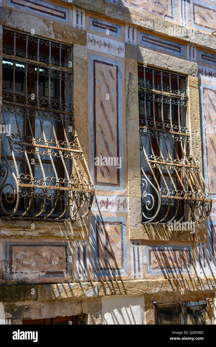 Window Grill on a decorated house in the center of Xanthi's old town,  Xanthi, Western Thrace, Greece. Stock Photo