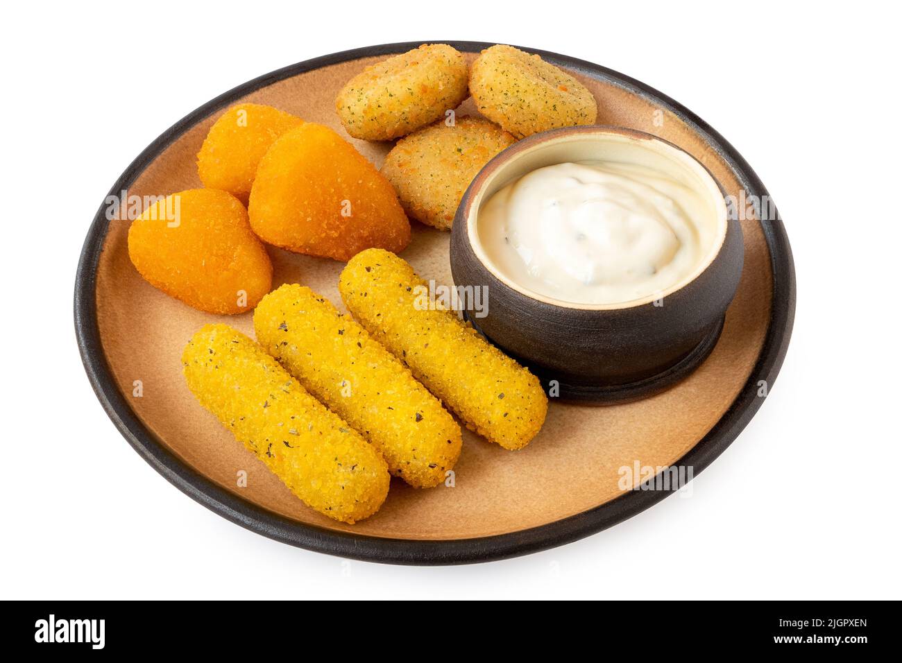 Fried breaded brie and camembert nuggets and mozzarella sticks on a rustic ceramic plate with white dip isolated on white. Stock Photo