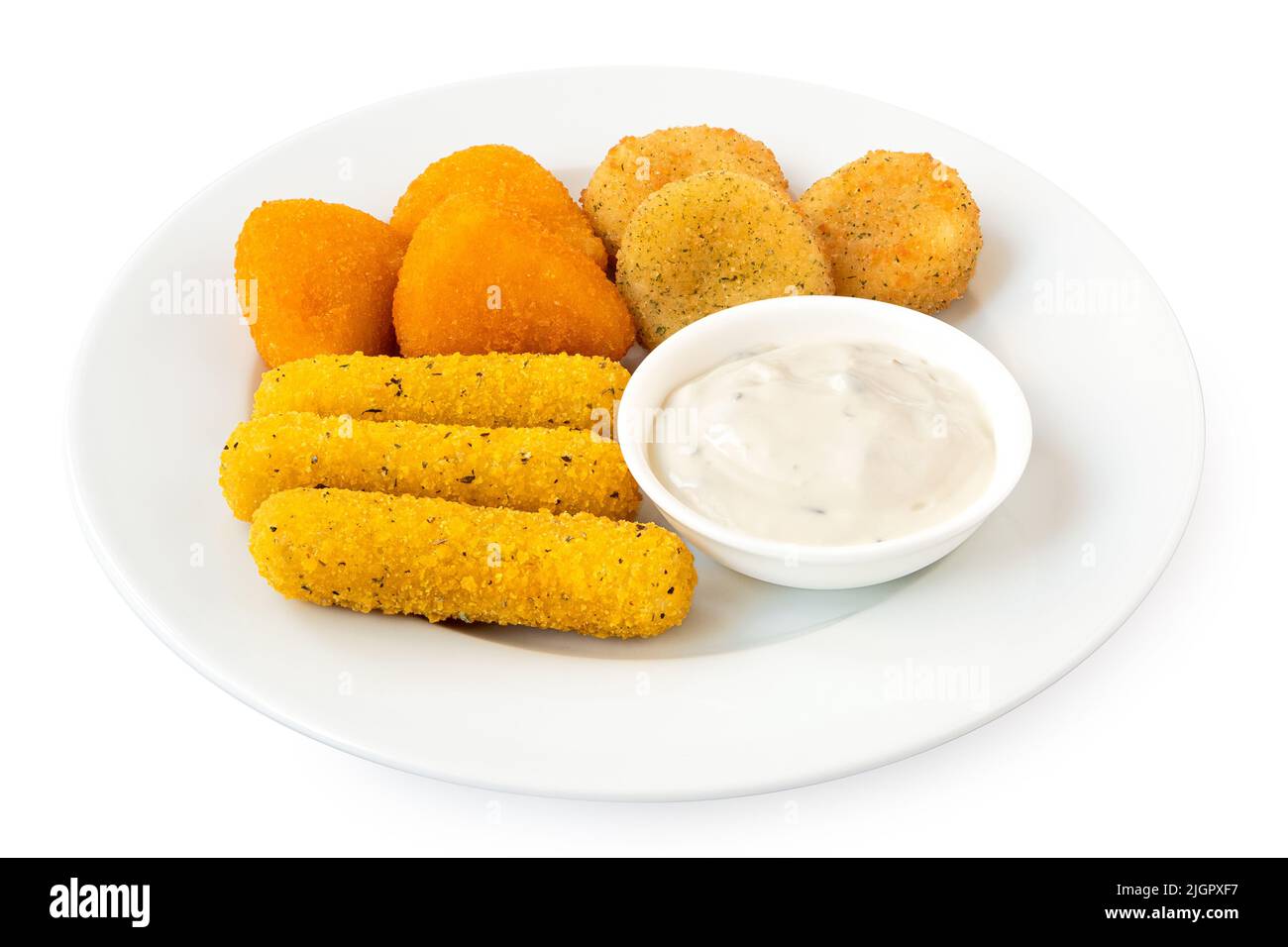 Fried breaded brie and camembert nuggets and mozzarella sticks on a white ceramic plate with white dip isolated on white. Stock Photo