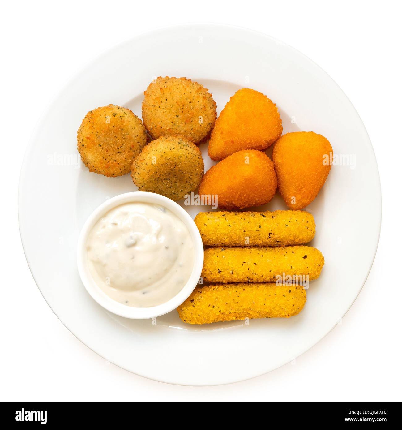 Fried breaded brie and camembert nuggets and mozzarella sticks on a white ceramic plate with white dip isolated on white. Top view. Stock Photo