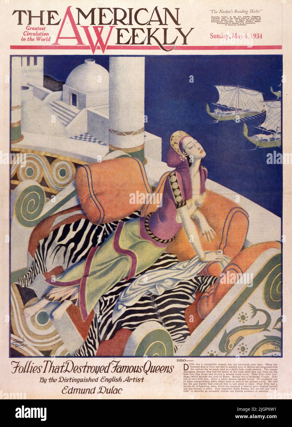 'Dido' published May 6,1934 in the American Weekly Sunday magazine painted by Edmund Dulac. Dido was a remarkable woman, but too emotional over men. When her husband died at Tyre she fled to another part of Africa and bargained with the natives for as much land as a bull’s hide could enclose. The simple aborigines thought they had the better of the trade until they saw Dido cut the hide into thin strips and stretch it around many acres. Then Dido built Carthage, which became the rival of Rome. Aeneas was a handsome Trojan. Dido fell in love with him.After a while Aeneas became bored. Stock Photo