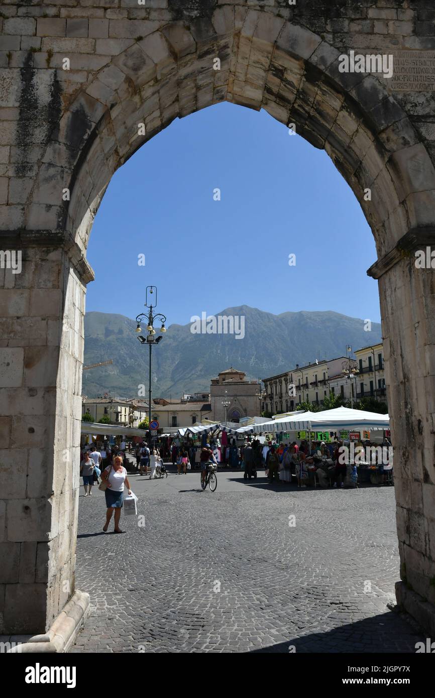 The market square of Sulmona, an Italian village in the Abruzzo region. Stock Photo