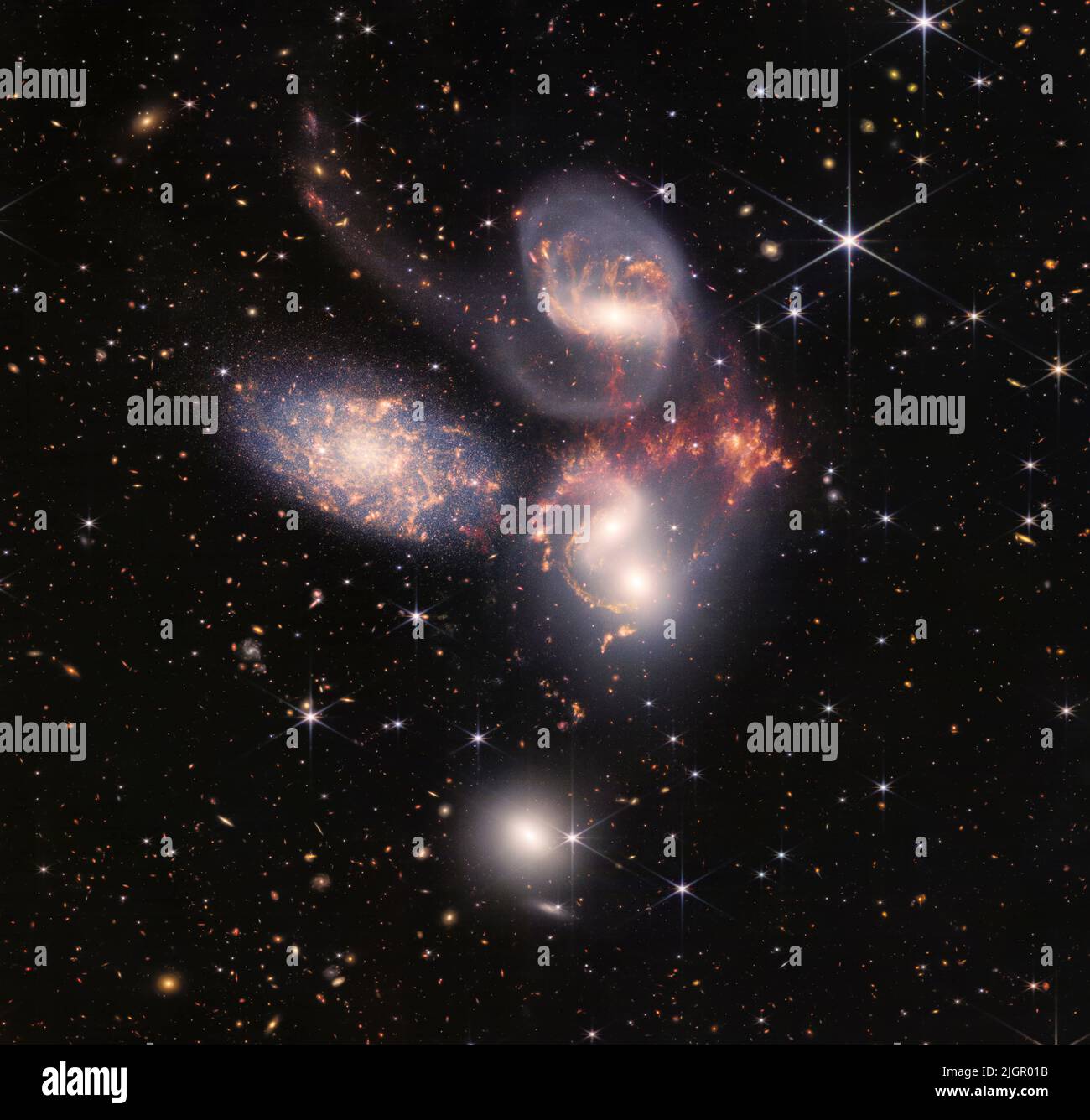 James Webb Space Telescope’s first images – Highest resolution version of a NASA composite image showing the galaxy group called “Stephan’s Quintet.” The close proximity of this group gives astronomers a ringside seat to galactic mergers and interactions. Stephan’s Quintet is a fantastic “laboratory” for studying processes fundamental to all galaxies. The image also shows outflows driven by a supermassive black hole in one of the group’s galaxies in a level of detail never seen before.  12 July 2022Credit: NASA, ESA, CSA, and STScI / Alamy Live News via Digitaleye Stock Photo