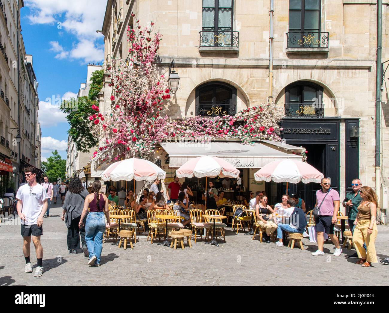 Pink flowers decorating a typical cafe restaurant near Chatelet metro, Paris Stock Photo