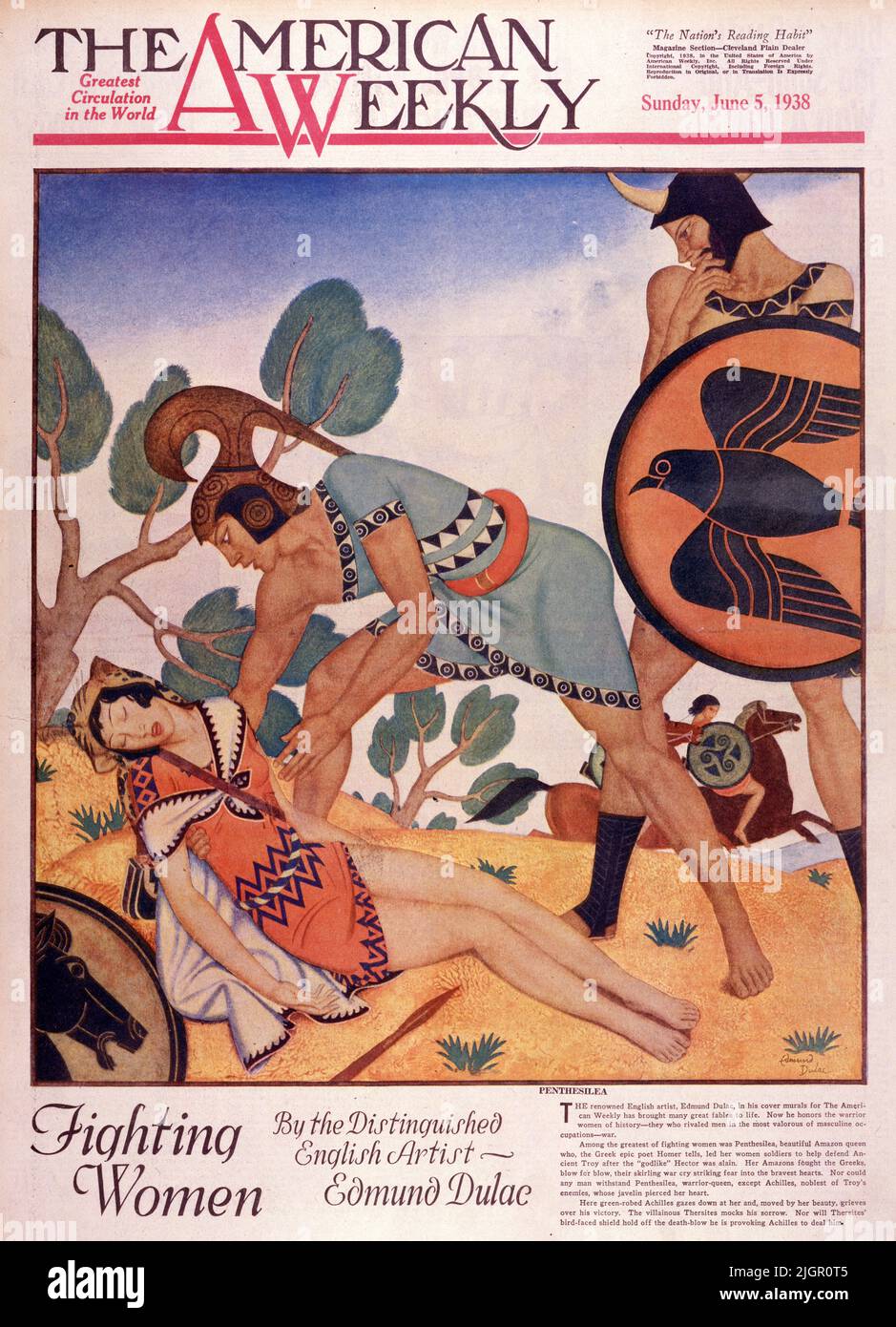 'Penthesilia' published June 5, 1938 in the American Weekly Sunday magazine painted by Edmund Dulac. Among the greatest of fighting women was Penthesilea, beautiful amazon Queen who, the Greek epic poet Homer tells, led her women soldiers to help defend Ancient Troy after the godlike Hector was slain. Her Amazons fought the Greeks, blow for blow, their skirling war cry striking fear in the bravest of hearts. Nor could any man withstand Penthesilea, warrior queen, except Achilles, noblest of Troy’s enemies, whose javelin pierced her heart. Here green robed Achilles gazes down at her. Stock Photo