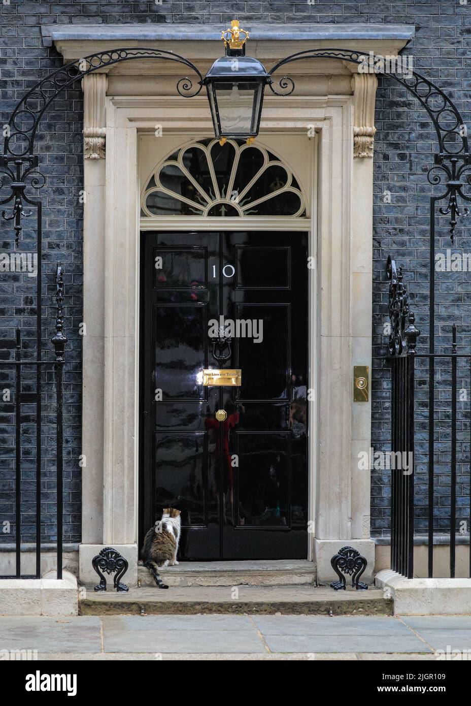 London, UK. 12th July, 2022. Larry the Cat, chief mouser and resident feline at 10 Downing Street, lazily rolls around and snoozes on the pavement outside 10 Downing Street in hot temperatures above 30 degrees in Westminster, occasionally checking out his own reflection in the iconic black door. Despite the ongoing political crisis and leadership contest, the famous cat seems to take all of the media attention in its stride. Credit: Imageplotter/Alamy Live News Stock Photo