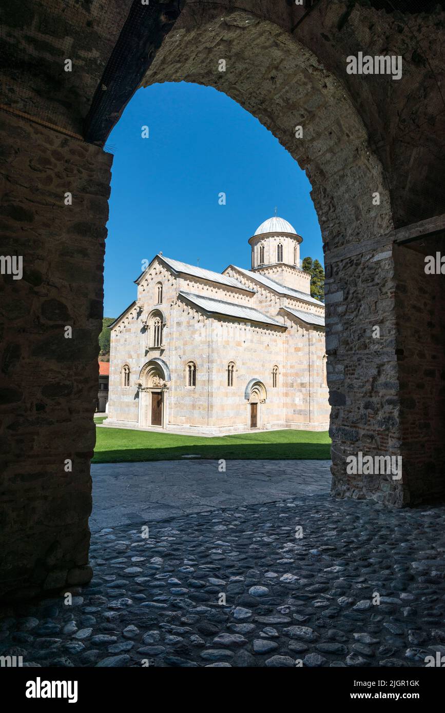 Entrance gate of the Visoki Dečani Monastery,  a medieval Serbian Orthodox Christian monastery located near Deçan, Kosovo. Stock Photo