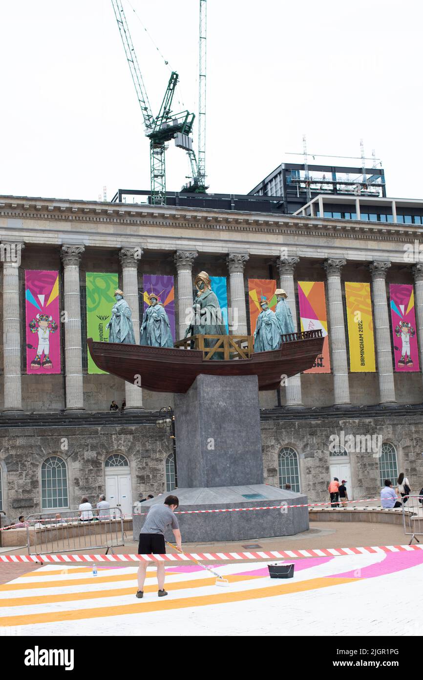 Work to paint the colours of Birmingham Commonwealth Games 2022 underway in Victoria Square Birmingham Stock Photo