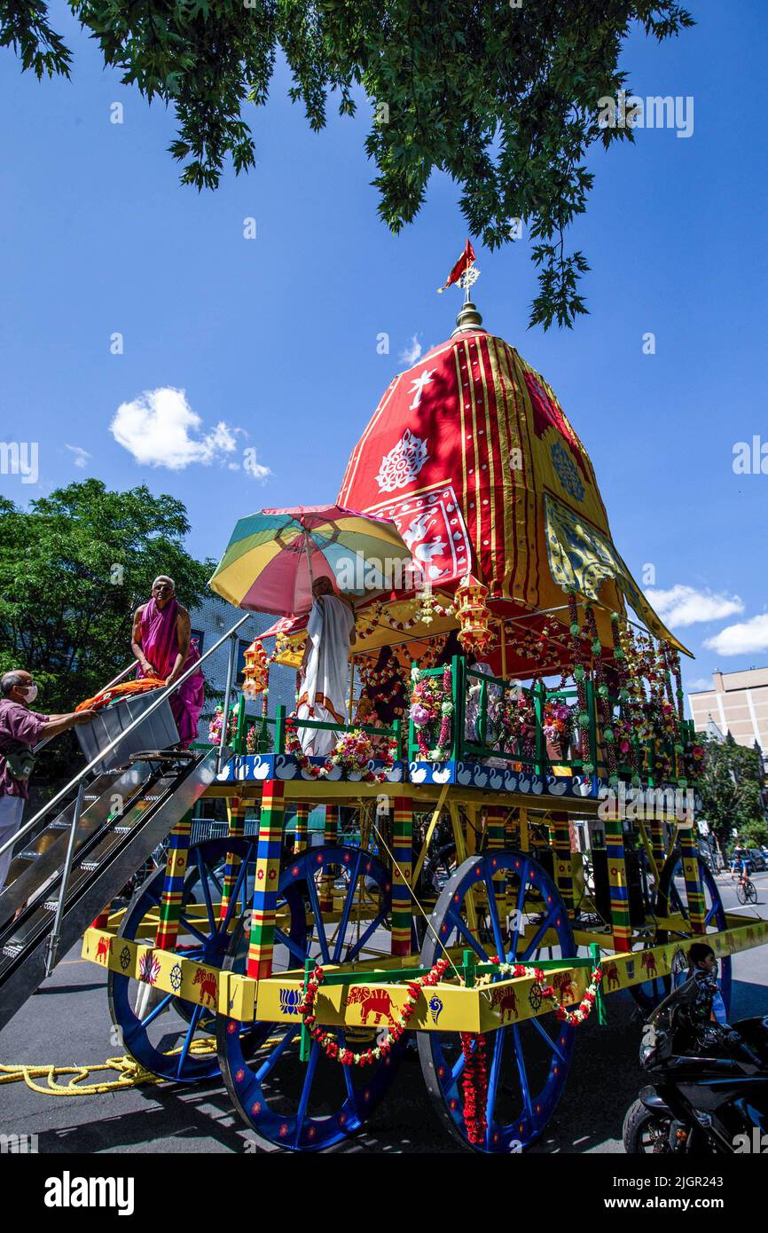 Montreal, Canada. 09th July, 2022. The main float cart seen during the celebration. Montrealers joined the Indian community for the Ratha Yatra parade, or the Hindu religious Chariot Festival in celebration of the deity Jagannath, the Lord of the Universe. The procession marched on Saint Laurent Boulevard pulling the main cart towards Jeanne Mance Park. Credit: SOPA Images Limited/Alamy Live News Stock Photo