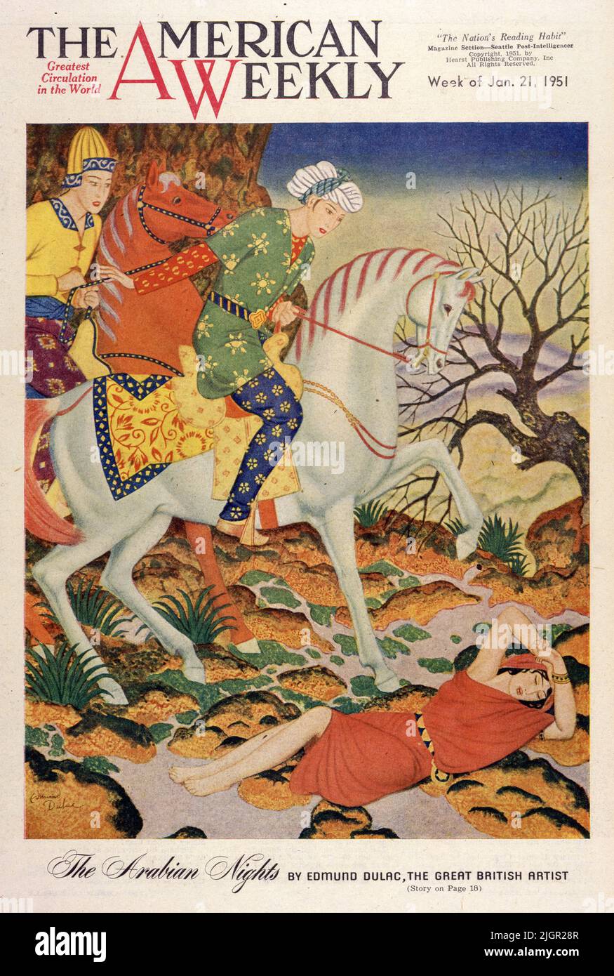 'Prince Ahmed Finds the Sorceress' published January 21, 1951 in the American Weekly Sunday magazine painted by Edmund Dulac for the series 'Tales from the Arabian Nights'.After the beautiful fairy Perie Banou had lured Prince Ahmed to her castle inside a mountain, it required very little time for him to decide to marry her. But she noticed long before that her husband was anxious to visit his father, a sultan of India. She gave her permission and provided an escort, warning him not to tell his father whom he had married or where he was living. The sultan’s counsellors, suspicious of Achmed’.. Stock Photo